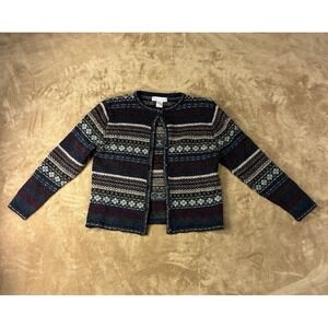 VTG Dressbarn Womens Large Fair Isle Cardigan Sweater Navy Blue Knit Top 90s Y2K